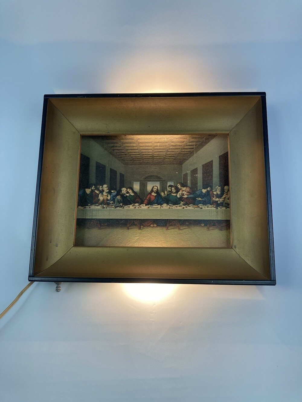 VTG Lighted Metal Box Last Lords Supper Art Print Jesus Disciples Frame 30s 40s